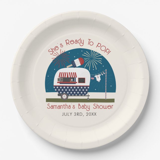 Ready To Pop Red White Blue Patriotic Baby Shower Paper Plate (Front)