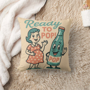 Ready to Pop Retro 1950s Maternity Baby Shower  Throw Pillow