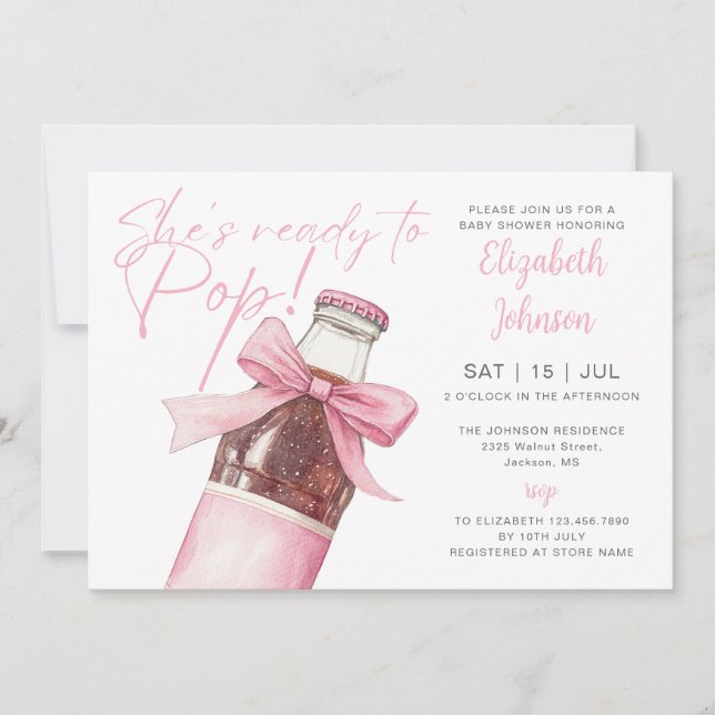 Ready To Pop Soda Bottle Pink Bow Baby Shower Invitation (Front)
