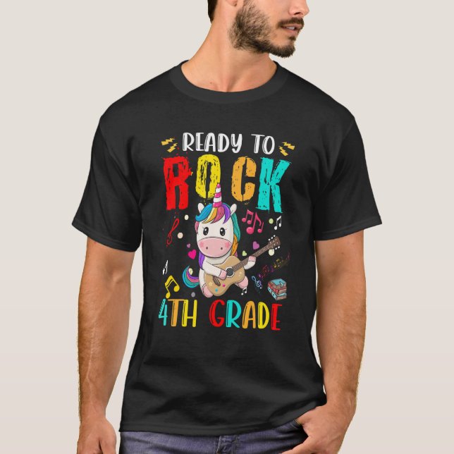 Ready To Rock 4th Grade Unicorn Playing Guitar T-Shirt (Front)