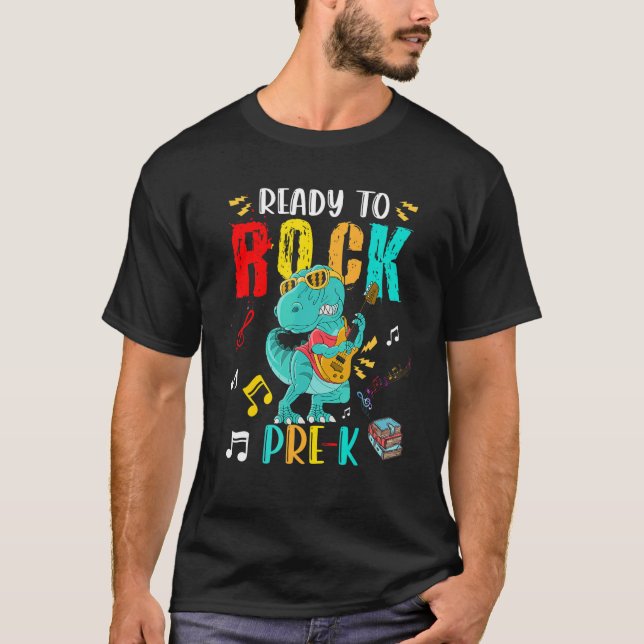 Ready To Rock Pre K rex Playing Guitar T-Shirt (Front)