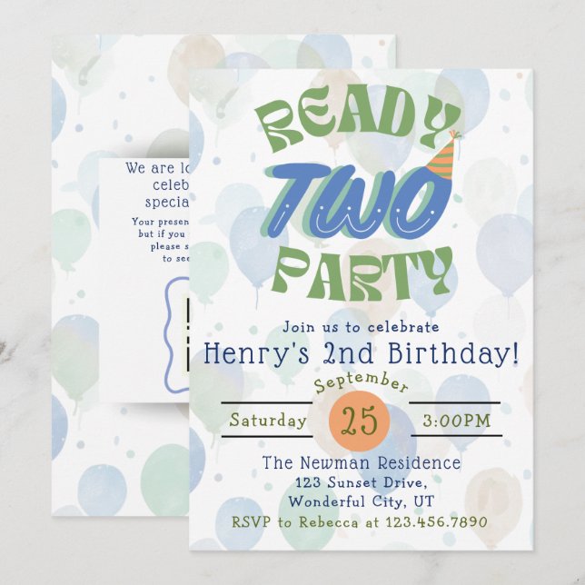 Ready Two Party Balloon Birthday Invitation (Front/Back)