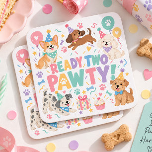 Ready Two Pawty Cute Puppy Dog 2nd Birthday Party Square Paper Coaster
