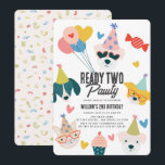 Ready Two Pawty Dogs & Cat Balloons 2nd Birthday Invitation<br><div class="desc">This cute "Ready Two Pawty" kid's 2nd/second birthday invitation features dogs and a cat with party hats and sunglasses or glasses. The reverse side features a cream background with confetti patterns. Personalize it for your needs. You can find matching products at my store.</div>