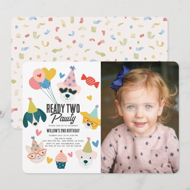 Ready Two Pawty Dogs & Cat Photo 2nd Birthday Invitation (Front/Back)