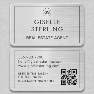 Real Estate Agent Brushed Silver Monogram QR Code  Business Card