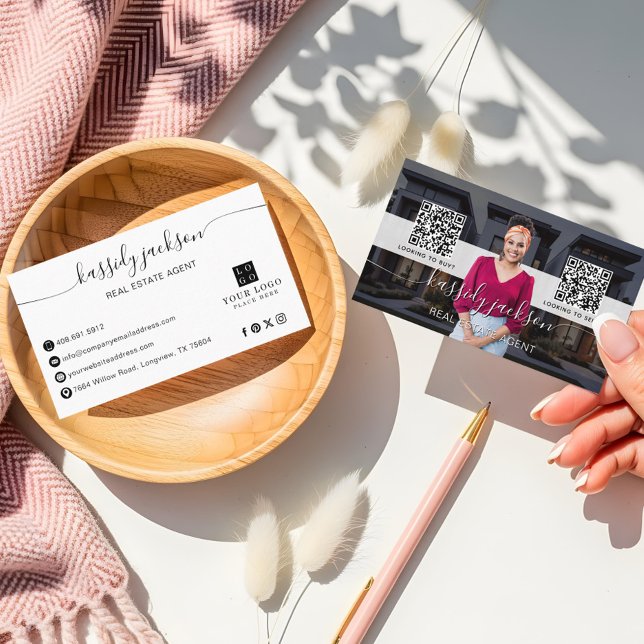 Real Estate Agent Elegant Script Photo QR Code Business Card (Script Name Real Estate Photo Buy Sell QR Code Business Card)