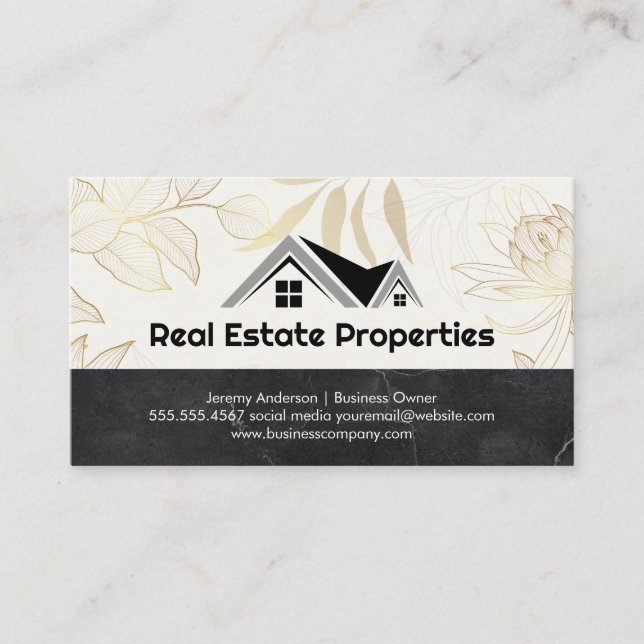 Real Estate Agent | Gold Flowers Business Card (Front)