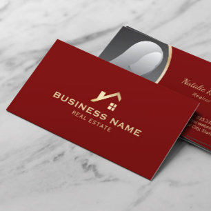 Real Estate Agent Gold House Realtor Red Photo Business Card