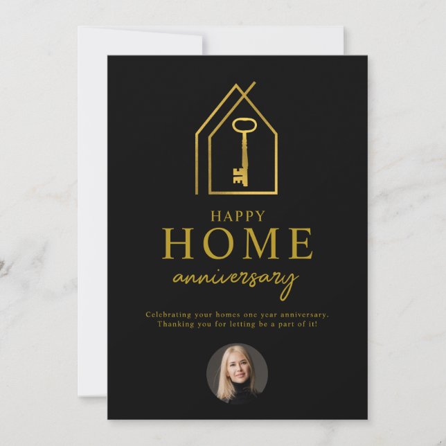 Real Estate Agent Happy Home Anniversary Gold Key Card (Front)