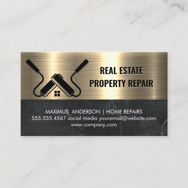 Real Estate Agent | Metallic Gold | Paint Rollers Business Card (Front)