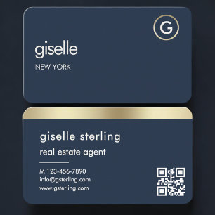 Real Estate Agent Navy Blue Gold QR Code Business Card