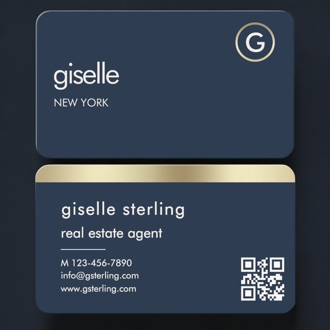 Real Estate Agent Navy Blue Gold QR Code Business Card (Creator Uploaded)