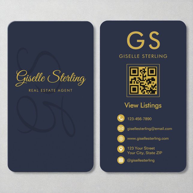 Real Estate Agent Navy Blue Gold QR Code Monogram Business Card (Creator Uploaded)