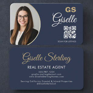 Real Estate Agent Navy Blue Photo QR Code  Business Card