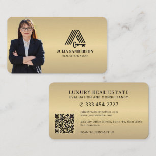 Real estate agent photo QR faux gold metallic Business Card