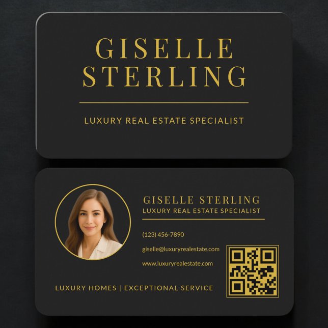 Real Estate Agent QR Code Black Gold  Business Card (Creator Uploaded)