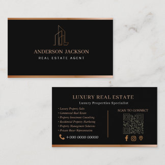 Real Estate Agent QR Code Luxury Black Gold Calling Card