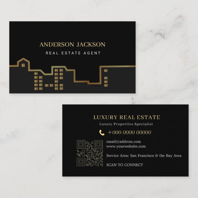 Real Estate Agent QR Code Luxury Black Gold Calling Card (Front/Back)