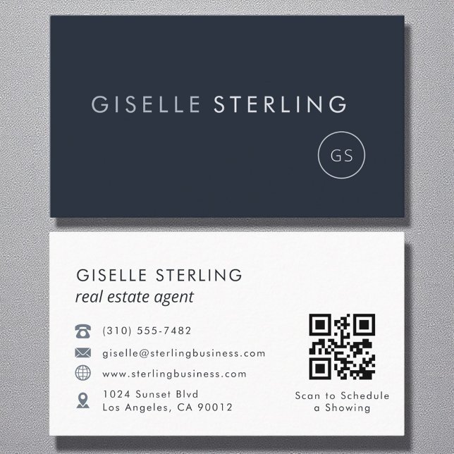 Real Estate Agent QR Code Navy Blue Luxury Business Card (Creator Uploaded)