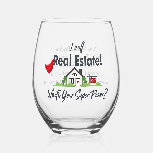 Real Estate Agent, Realtor Super Hero Personalized Stemless Wine Glass (Front)
