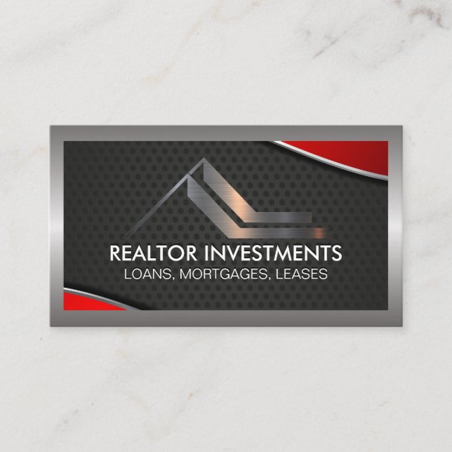 Real Estate Agent | Red Metallic | Borders Busines Business Card (Front)