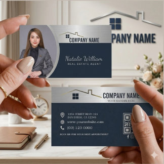 Real Estate Agent Silver Blue Professional Photo Calling Card