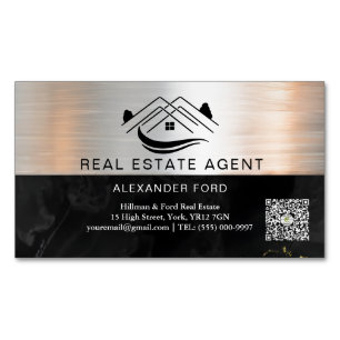 Real Estate Agent silver Metallic Gold Marble  Magnetic Business Card