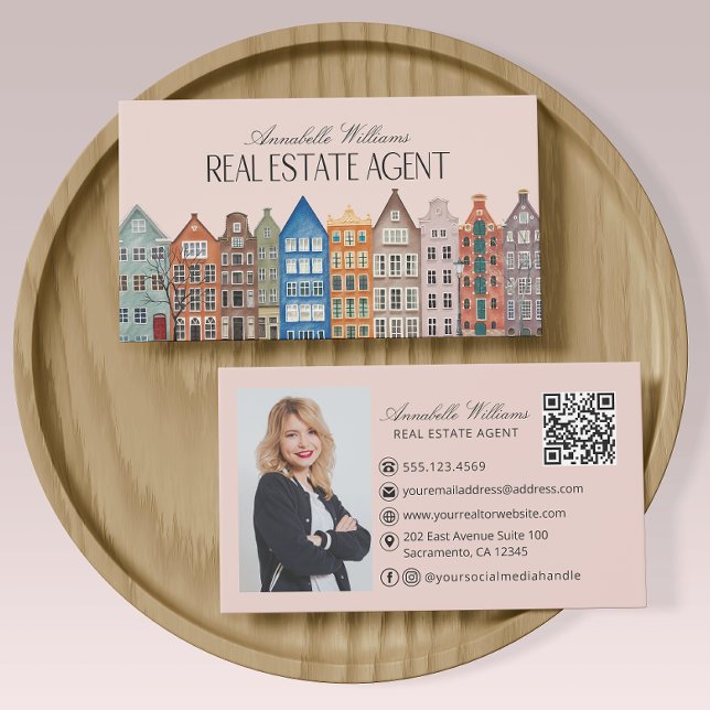 Real Estate Agent Watercolor Houses QR Code Business Card (Creator Uploaded)