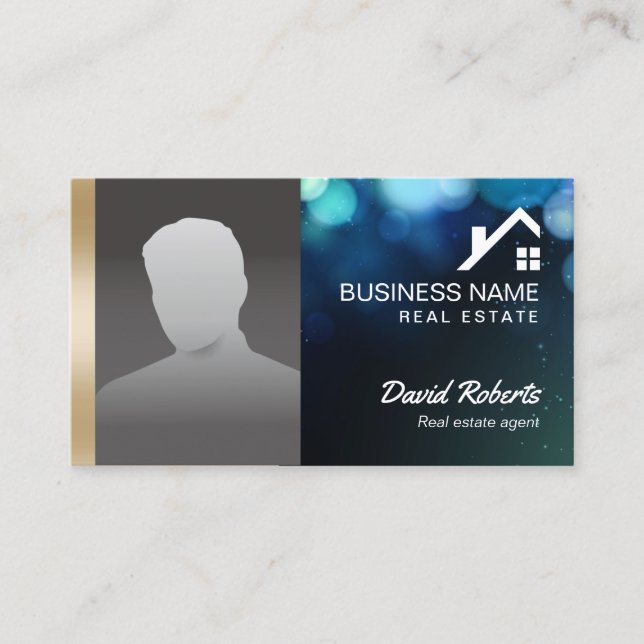 Real Estate Agent with Photo Modern Bokeh Lights Business Card (Front)
