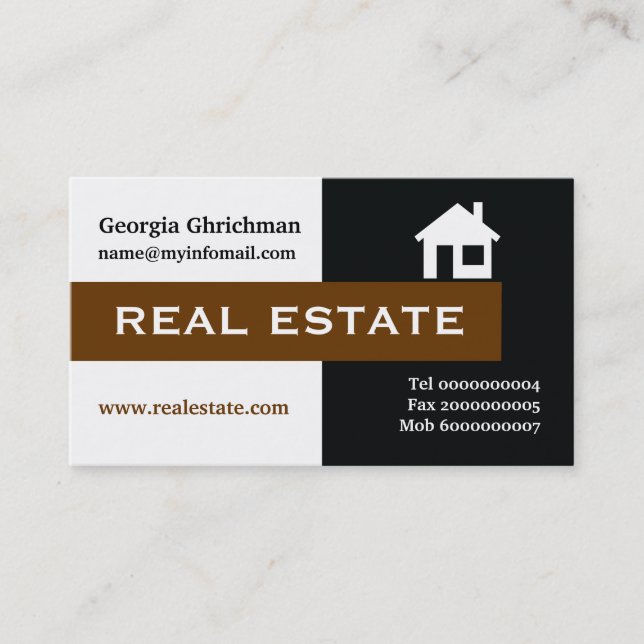 Real estate black, white, brown eye-catching business card (Front)