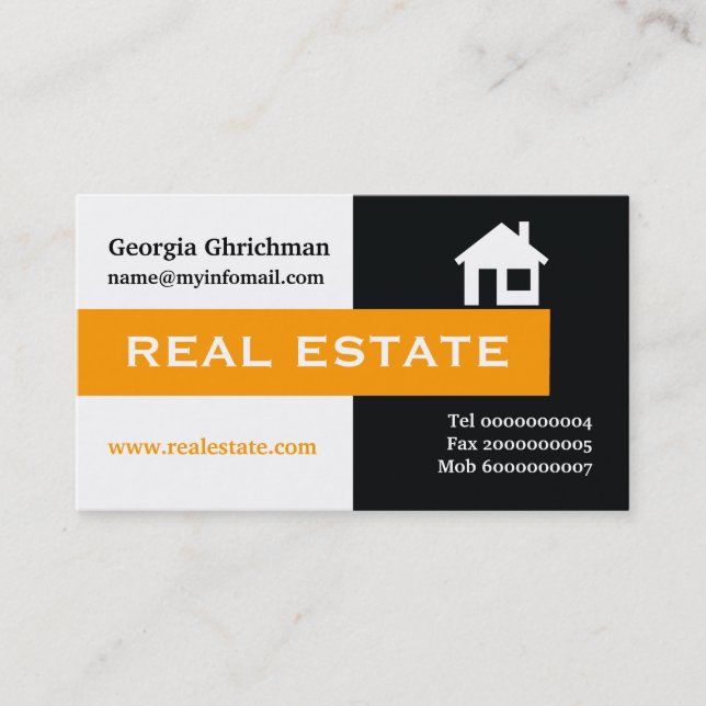 Real estate black, white, orange eye-catching business card (Front)