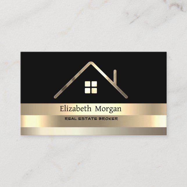  Real Estate Broker House Gold Striped Roof Black Business Card (Front)