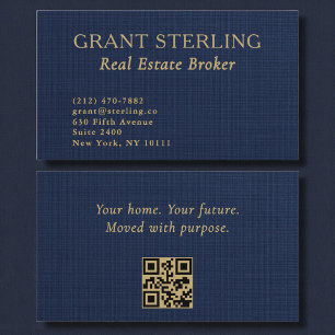 Real Estate Broker Navy Blue Gold Linen QR Code Business Card