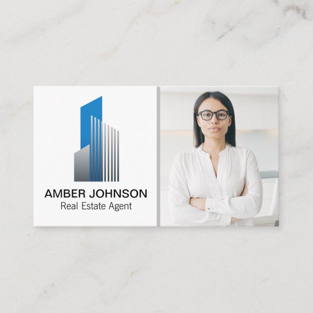 Real Estate Building Logo | Woman with Glasses Business Card (Front)