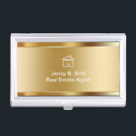 Real Estate Business Card Holder<br><div class="desc">Real Estate business card holder with cool simulated gold metallic background printed on the front and house symbol with your name and profession boldly displayed for a best first impression. Designed told hold your business cards and protect them in style for a Realtor, Broker, agent, or agency.</div>