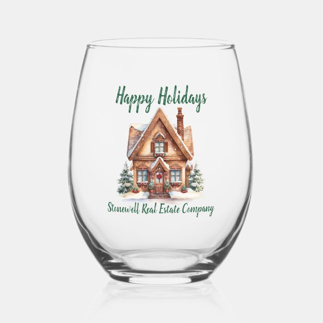 Real Estate Business Christmas Personalized Stemless Wine Glass (Front)