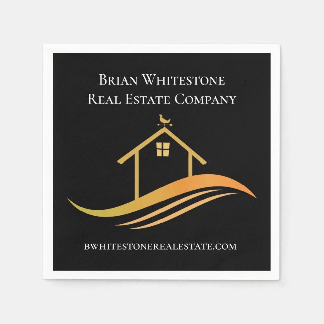 Real Estate Chic Black Gold Custom Open House Napkin (Front)