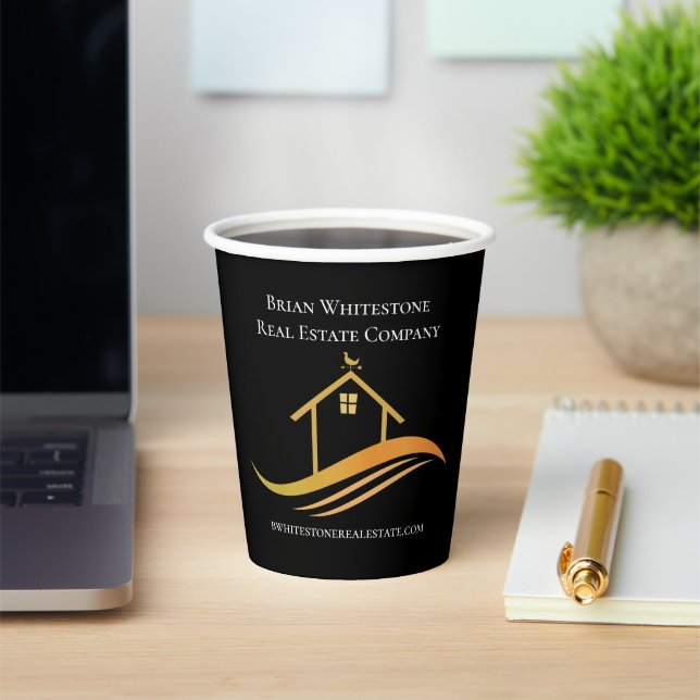 Real Estate Chic Black Gold Custom Open House Paper Cups (Insitu)