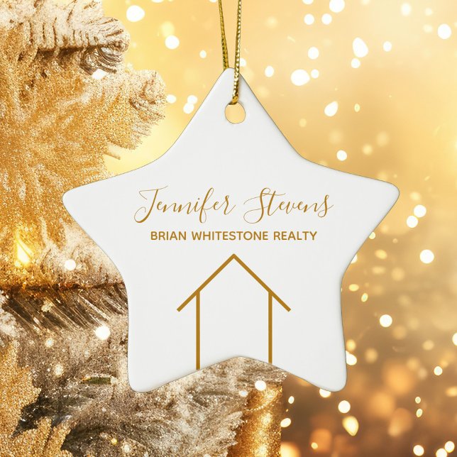 Real Estate Chic Gold White Custom Christmas Star Ceramic Ornament (Creator Uploaded)