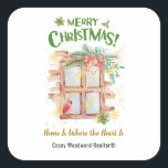 Real Estate Christmas | Home Is Where the Heart Is Square Sticker<br><div class="desc">Real Estate Christmas | Home Is Where the Heart Is Square Editable Sticker. Celebrate the Christmas season with this beautifully designed watercolor festive design sticker with pretty Christmas window decorations and a cute cardinal bird, perfect for real estate companies or home service professionals looking to connect with their clients, strengthen...</div>