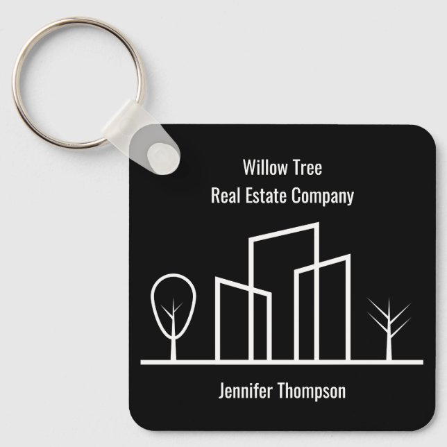 Real Estate Company Custom Black White Building Keychain (Front)