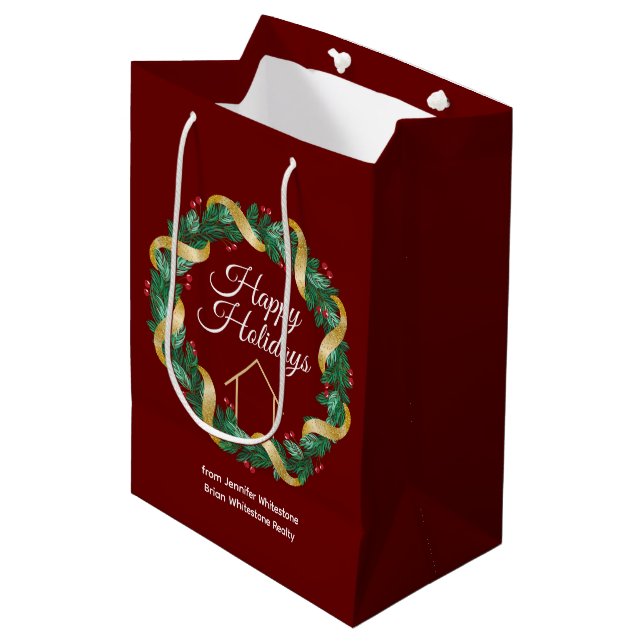 Real Estate Company Elegant Custom Red Christmas Medium Gift Bag (Front Angled)