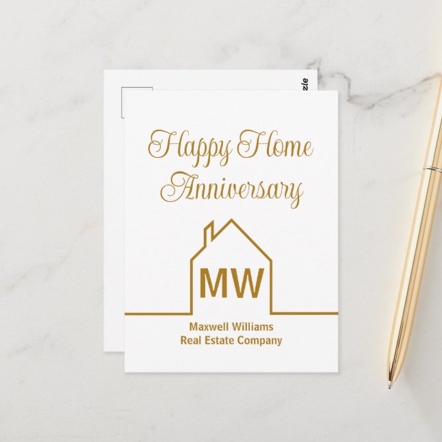 Real Estate Company Gold Happy Home Anniversary Postcard (Front/Back In Situ)