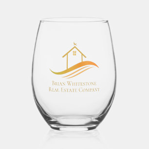 Real Estate Company Gold House Logo Custom Realtor Stemless Wine Glass