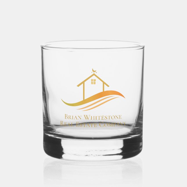 Real Estate Company Gold House Logo Custom Realtor Whiskey Glass (Front)