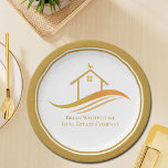 Real Estate Company Gold Open House Customizable Paper Plate<br><div class="desc">This chic real estate company paper plate for an open house is custom made with your realty company and agent name. These elegant gold marketing items feature a pretty house with a weathervane on top and sleek curves underneath. Personalize this modern business decor with your own information.</div>