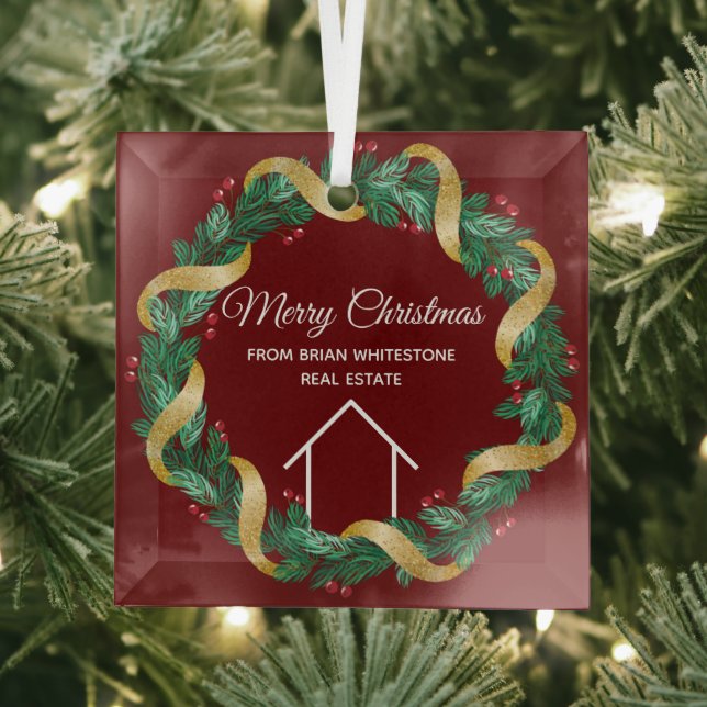 Real Estate Company Merry Christmas Custom Red Glass Ornament (Insitu)