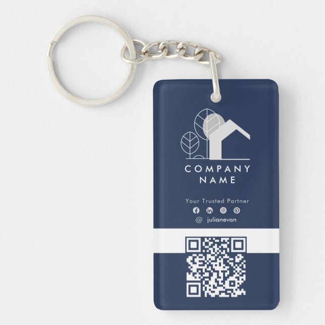 Real Estate Company Navy Blue and White Qr code Keychain (Front)