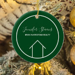 Real Estate Company Personalized Green Christmas Ceramic Ornament<br><div class="desc">This modern realtor Christmas ornament is custom made with your realty company name under the the agent name in chic typography. This minimalist green and white gift features a simple line drawing of a house. Contemporary holiday present for an agent working to help you buy a home.</div>